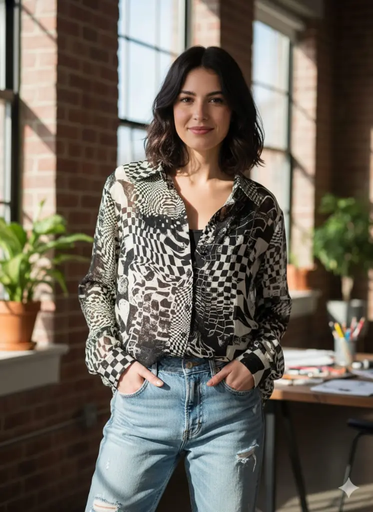 Monochrome Geometric Print Sheer Button-Down shirt