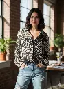Monochrome Geometric Print Sheer Button-Down shirt