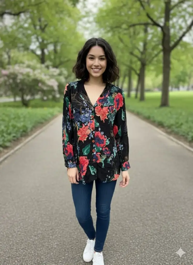 black floral print long-sleeve shirt