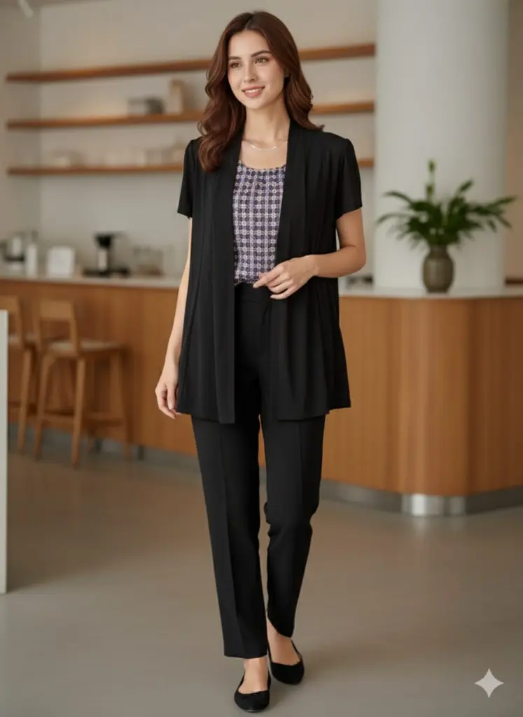 Cardigan over a Purple Tweed Knit Top