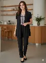 Cardigan over a Purple Tweed Knit Top