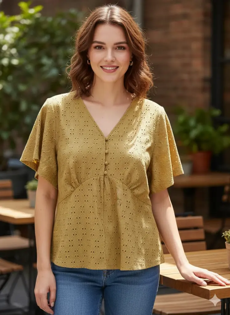Mustard Eyelet Flutter-Sleeve Peplum Blouse