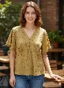 Mustard Eyelet Flutter-Sleeve Peplum Blouse