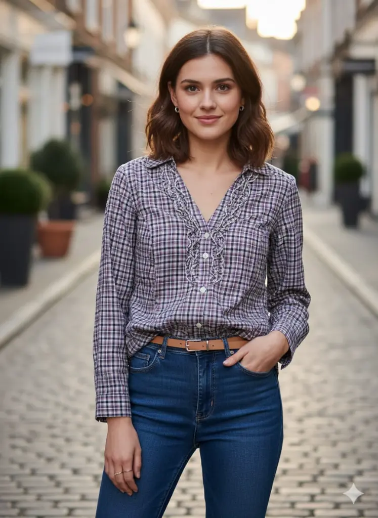 Vineyard Plaid Ruffle-Neck Shirt