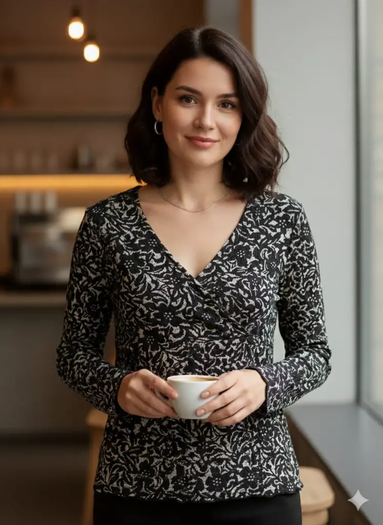 The Black Baroque Deep V-Neck Top