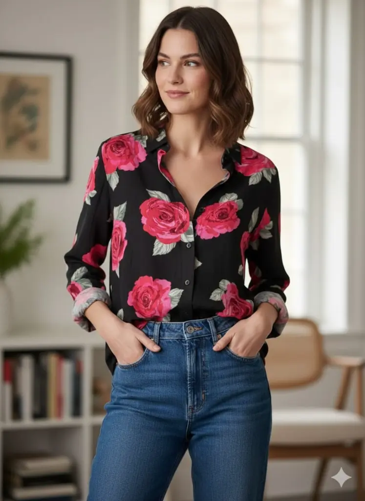 Rose Print Stand Collar shirt